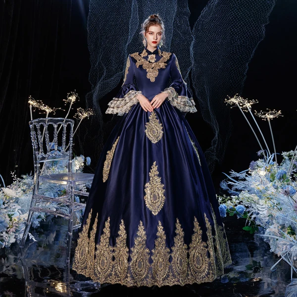 Vintage / Retro Medieval Navy Blue Prom Dresses 2021 A-Line / Princess High Neck Zipper Up Long Sleeve Floor-Length / Long 3D Lace Backless Prom Formal Dresses