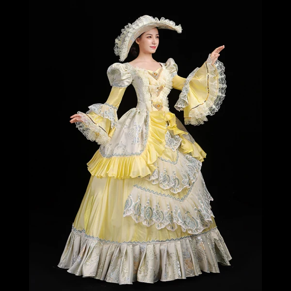 Vintage / Retro Medieval Yellow Ball Gown Prom Dresses 2021 Floor-Length / Long U-Neck Long Sleeve Beading Crystal Embroidered Cosplay Prom Formal Dresses