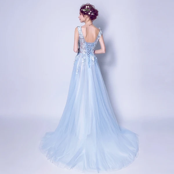 Chic / Beautiful Sky Blue Evening Dresses 2017 A-Line / Princess Lace V-Neck Handmade Appliques Backless Beading Embroidered Evening Party Formal Dresses