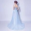 Chic / Beautiful Sky Blue Evening Dresses  2017 A-Line / Princess Lace V-Neck Handmade  Appliques Backless Beading Embroidered Evening Party Formal Dresses