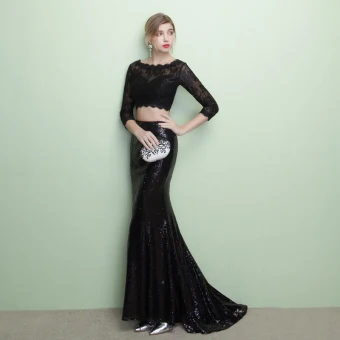 Chic Belle 2 Pièces Noire Robe De Soirée 2017 Trompette Sirène U Cou Dentelle Appliques Dos Nu Soirée Robe De Ceremonie