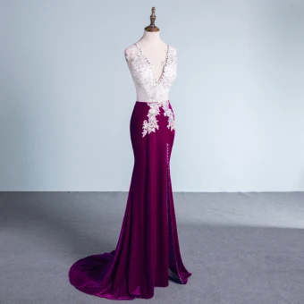 Amazing Unique Purple Evening Dresses 2017 Trumpet Mermaid V Neck Polyester Beading Sequins Appliques Backless Evening Party Formal Dresses