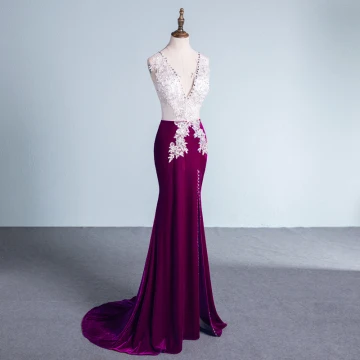 Amazing Unique Purple Evening Dresses 2017 Trumpet Mermaid V Neck Polyester Beading Sequins Appliques Backless Evening Party Formal Dresses