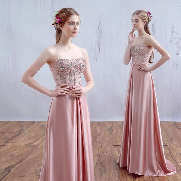 Chic / Beautiful Pearl Pink Evening Dresses A-Line / Princess Lace Strapless Corset Floor-Length / Long 2017 Appliques Backless Beading Rhinestone Evening Party Formal Dresses