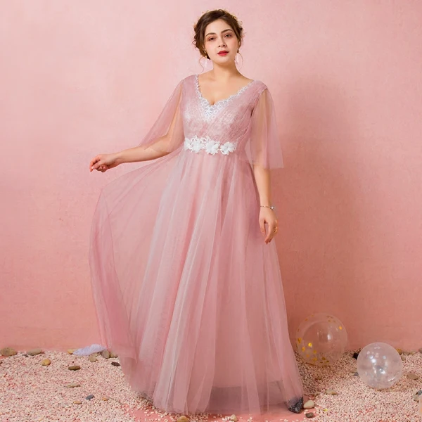 Chic Beautiful Blushing Pink Plus Size Evening Dresses 2018 A-Line Princess V-Neck