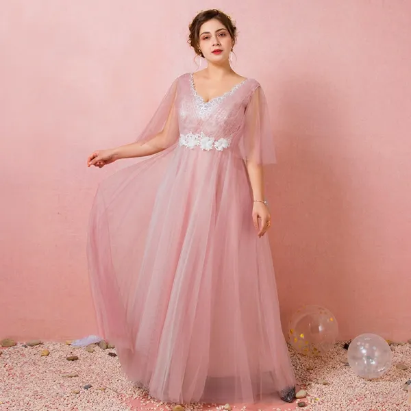 Chic / Beautiful Blushing Pink Plus Size Evening Dresses  2018 A-Line / Princess V-Neck Tulle Lace-up Crossed Straps Appliques Backless Evening Party Formal Dresses