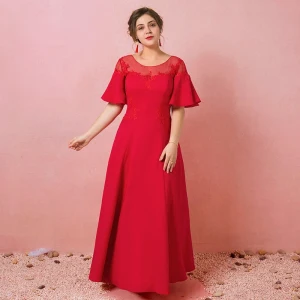 Modest Simple Red Plus Size Evening Dresses 2018 A Line Princess Lace Up Tulle U Neck Appliques Backless Evening Party Formal Dresses