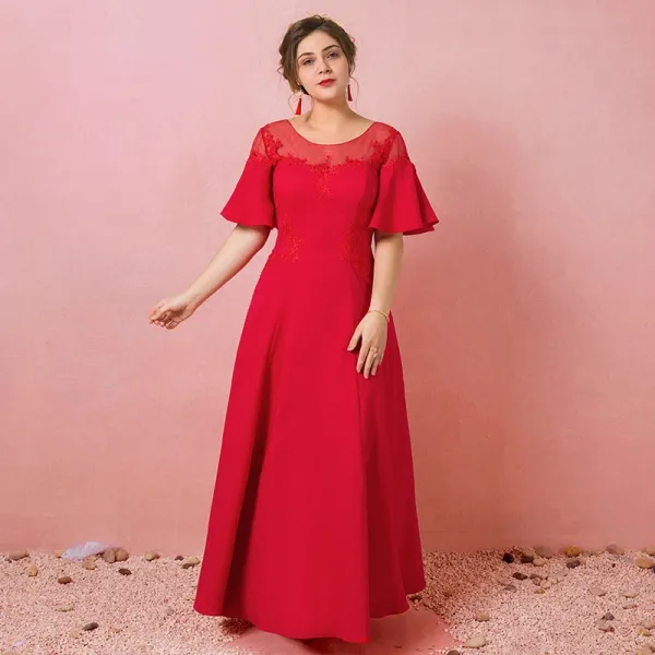 Schlicht Rot Übergröße Abendkleider 2018 A Linie Schnüren Tülle U-Ausschnitt Applikationen Rückenfreies Abend Festliche Kleider
