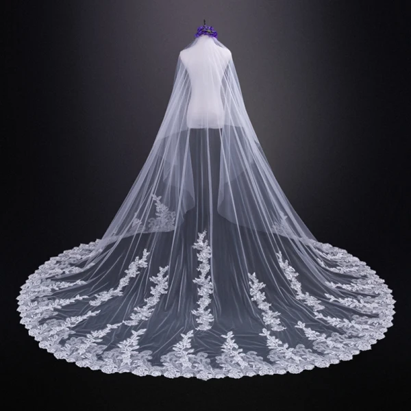 Simple Blanche Mariage Tulle En Dentelle Appliques 4 m Cathedral Train Voile De Mariée 2018