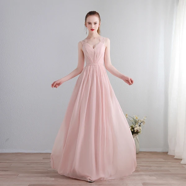 Chic / Beautiful Floor-Length / Long Blushing Pink Evening Dresses 2018 A-Line / Princess V-Neck Chiffon Lace-up Pierced Evening Party Formal Dresses