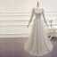 Modern / Fashion Sweep Train Grey Evening Dresses  2018 Tulle A-Line / Princess U-Neck Long Sleeve Backless Beading Embroidered Formal Dresses