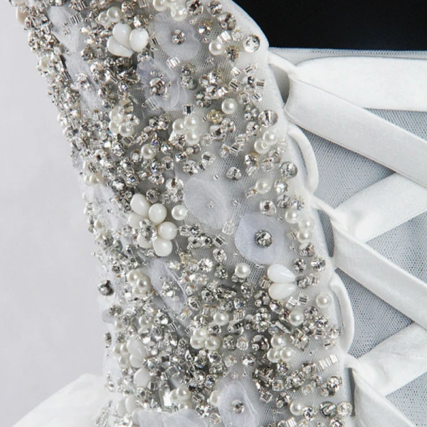 Amazing / Unique White Court Train Wedding 2018 Ball Gown Tulle Backless Beading Corset Rhinestone Wedding Dresses