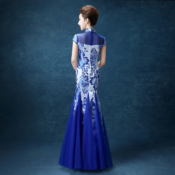 Chinese style Royal Blue Floor-Length / Long Evening Dresses 2018 Trumpet / Mermaid High Neck Charmeuse Evening Party Appliques Printing Formal Dresses