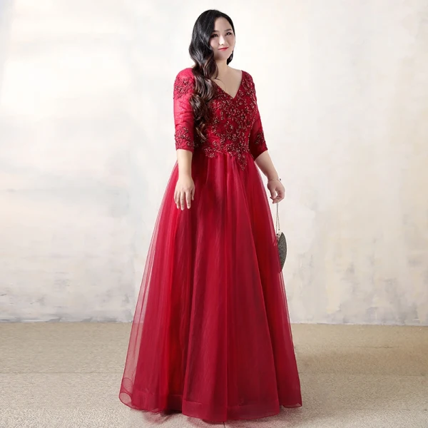 Chic / Beautiful Plus Size Burgundy Evening Dresses 2019 A-Line / Princess Lace Tulle V-Neck Appliques Backless Beading Evening Party Formal Dresses