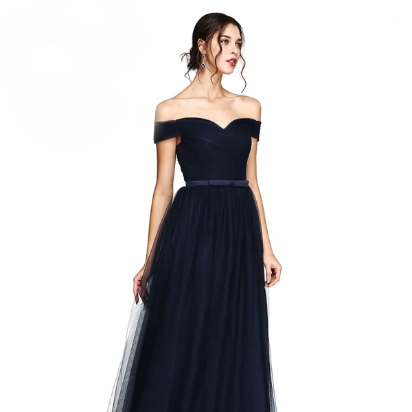 Modest / Simple Navy Blue Evening Dresses 2020 A-Line / Princess Tulle Off-The-Shoulder Floor-Length / Long Sleeveless Puffy Cocktail Party Evening Party Formal Dresses