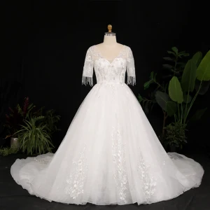 Luxury Gorgeous Ivory Plus Size Ball Gown Wedding Dresses 2021 Crossed Straps 1 2 Sleeves V Neck Tulle Satin Lace Handmade Beading Backless Appliques Tassel Cathedral Train Wedding