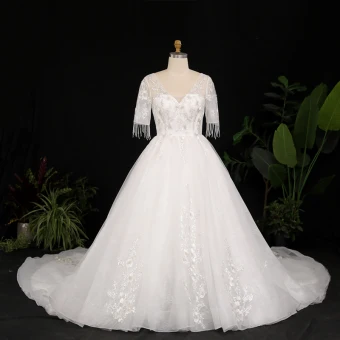 Luxury Gorgeous Ivory Plus Size Ball Gown Wedding Dresses 2021 Crossed Straps 1 2 Sleeves V Neck Tulle Satin Lace Handmade Beading Backless Appliques Tassel Cathedral Train Wedding