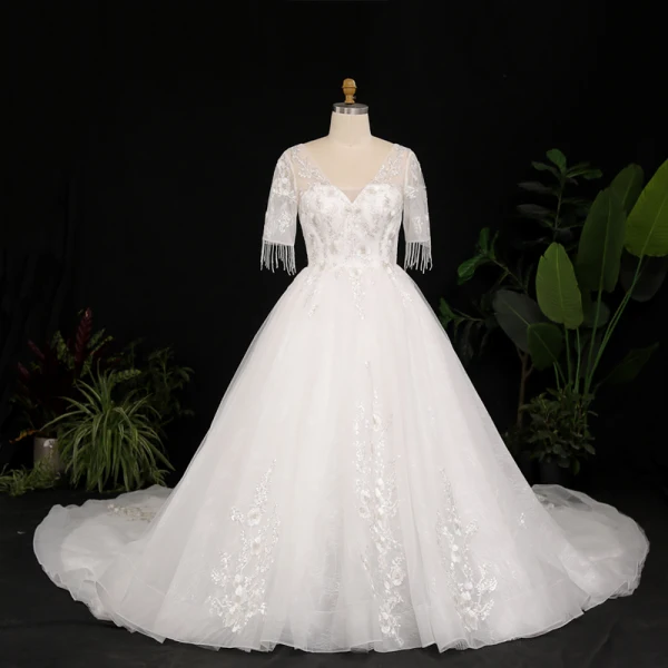 Luxury / Gorgeous Ivory Plus Size Ball Gown Wedding Dresses 2021 Crossed Straps 1/2 Sleeves V-Neck Tulle Satin Lace Handmade Beading Backless Appliques Tassel Cathedral Train Wedding