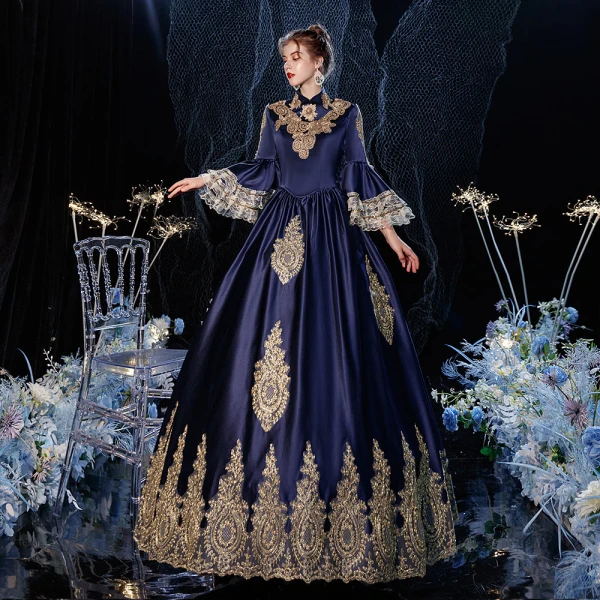 Vintage / Retro Medieval Navy Blue Prom Dresses 2021 A-Line / Princess High Neck Zipper Up Long Sleeve Floor-Length / Long 3D Lace Backless Prom Formal Dresses