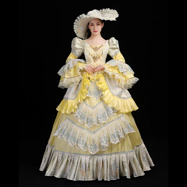 Vintage / Retro Medieval Yellow Ball Gown Prom Dresses 2021 Floor-Length / Long U-Neck Long Sleeve Beading Crystal Embroidered Cosplay Prom Formal Dresses
