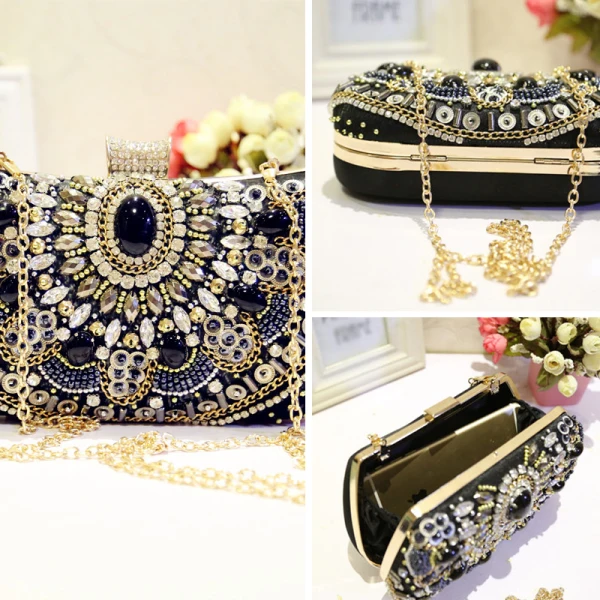 Luxe 2017 Noire Feuille Cristal Glitter Faux Diamant PU Plage Église Jardin / Extérieur Pochette