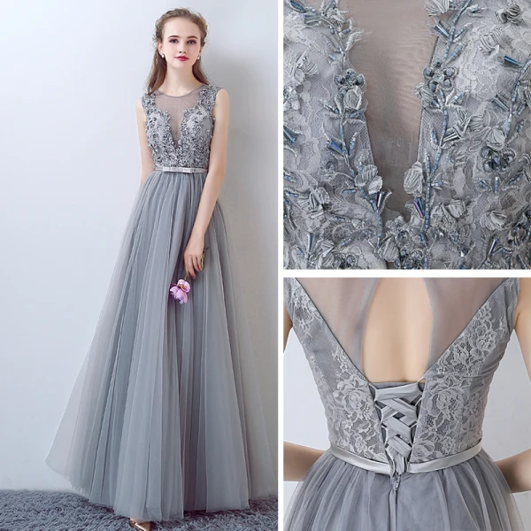 Chic / Beautiful A-Line / Princess Evening Dresses 2017 Grey Crossed Straps Strappy Charmeuse Lace V-Neck Sleeveless Cocktail Party Evening Party