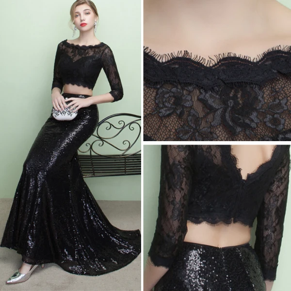 Chic / Beautiful 2 Piece Black Evening Dresses 2017 Trumpet / Mermaid U-Neck Lace Appliques Backless Evening Party Formal Dresses