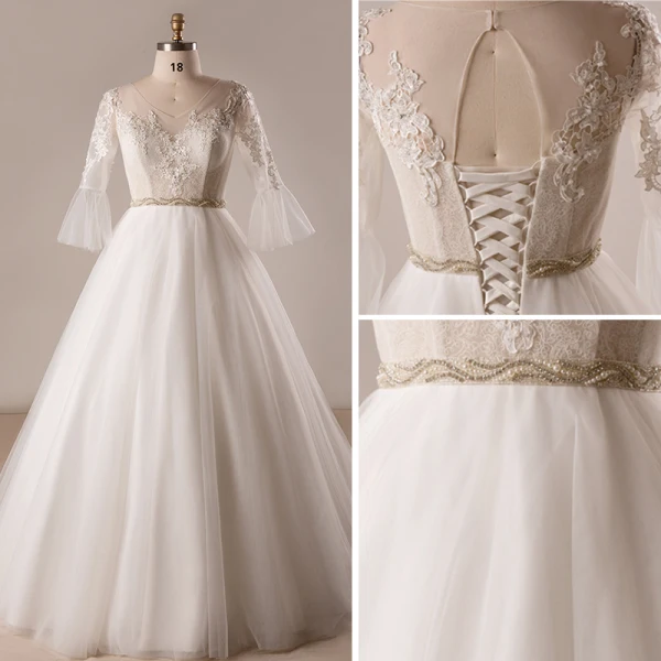 Unique Blanche Robe De Mariée 2017 Princesse V-Cou Tulle En Dentelle Perlage Appliques Dos Nu Mariage