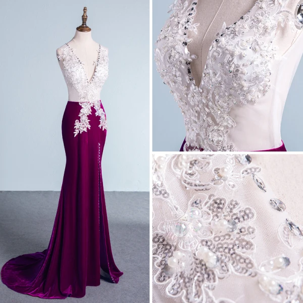 Amazing / Unique Purple Evening Dresses  2017 Trumpet / Mermaid V-Neck Polyester Beading Sequins Appliques Backless Evening Party Formal Dresses