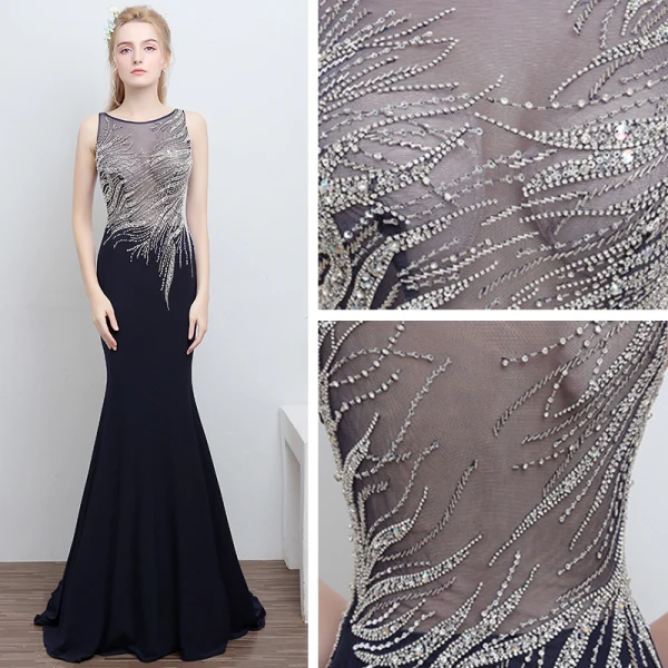 Schöne Marineblau Abendkleider 2018 Mermaid U-Ausschnitt Rückenfreies Perlenstickerei Strass Polyester Abend Festliche Kleider