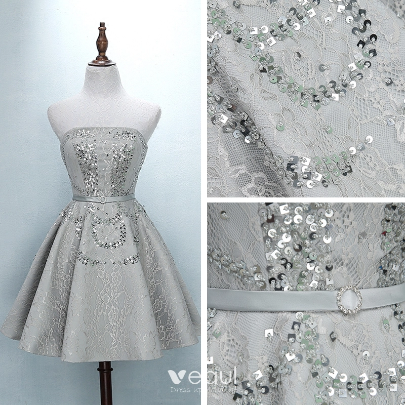 Chic / Beautiful Silver Graduation Dresses 2018 A-Line / Princess Tulle Strapless Backless Beading Sequins Homecoming Formal Dresses