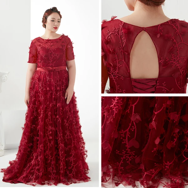 Flower Fairy Burgundy Plus Size Evening Dresses  2018 A-Line / Princess Lace-up U-Neck Tulle Appliques Backless Evening Party Prom Dresses