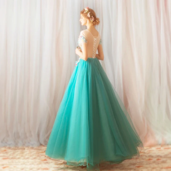 Flower Fairy Jade Green Floor-Length / Long Prom Dresses 2018 A-Line / Princess Tulle U-Neck Appliques Backless Beading Evening Party Evening Dresses