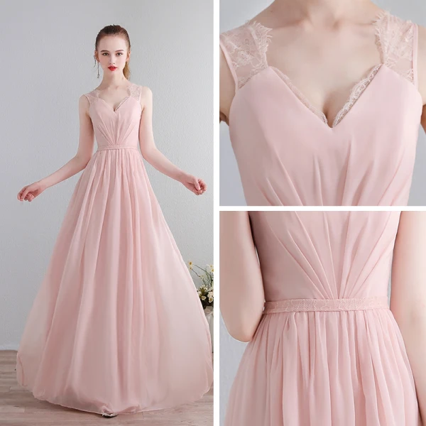 Chic / Beautiful Floor-Length / Long Blushing Pink Evening Dresses 2018 A-Line / Princess V-Neck Chiffon Lace-up Pierced Evening Party Formal Dresses