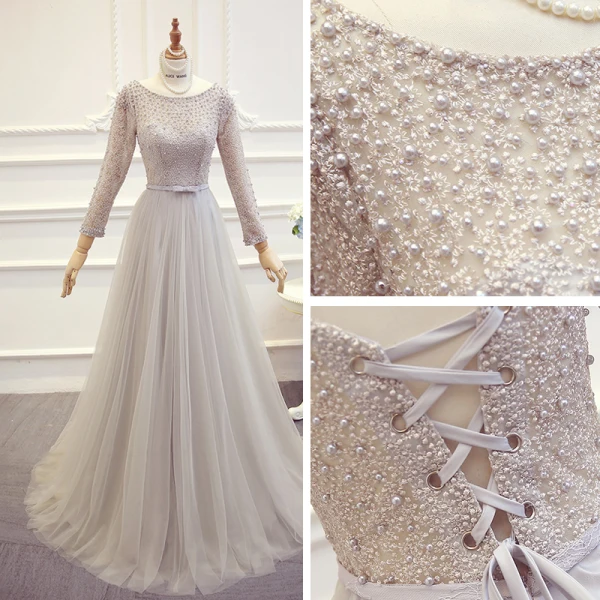 Modern / Fashion Sweep Train Grey Evening Dresses 2018 Tulle A-Line / Princess U-Neck Long Sleeve Backless Beading Embroidered Formal Dresses