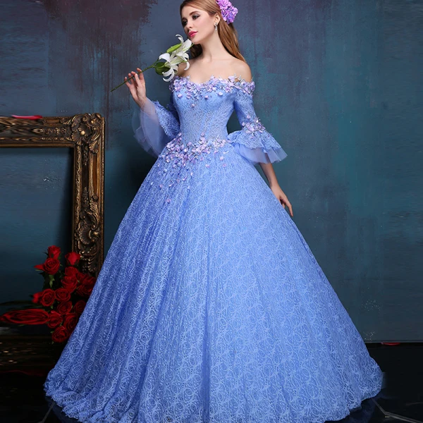 Flower Fairy Ocean Blue Floor-Length / Long Ball Gown Prom Dresses 2018 Tulle Beading Pearl Appliques Backless Formal Dresses