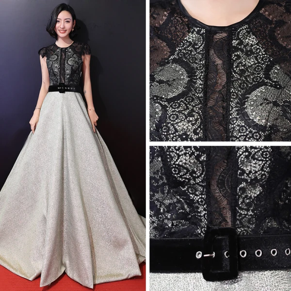 Modern / Fashion A-Line / Princess Sage Green Evening Dresses 2018 Scoop Neck Lace-up Printing Court Train Tulle Evening Party Prom Dresses