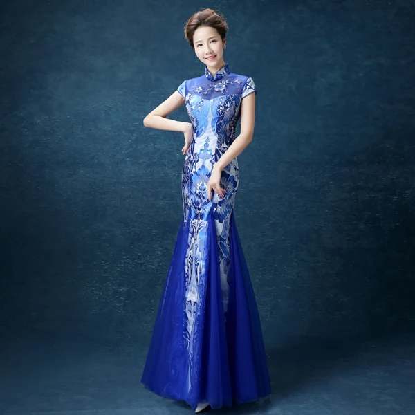 Chinese style Royal Blue Floor-Length / Long Evening Dresses 2018 Trumpet / Mermaid High Neck Charmeuse Evening Party Appliques Printing Formal Dresses