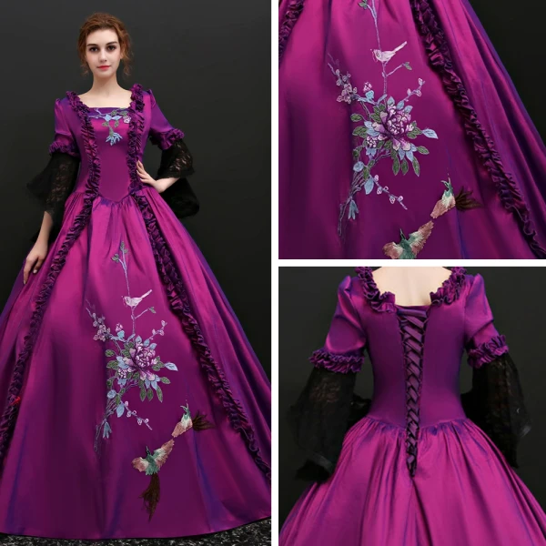 Vintage / Retro Grape Floor-Length / Long Prom Dresses 2018 Charmeuse 3/4 Sleeve U-Neck Ball Gown Backless Embroidered Prom Formal Dresses