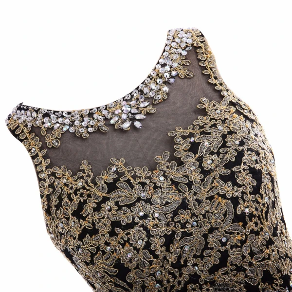 Glittrande 2 Bit Svart Guld Balklänningar 2017 Balklänning Ärmlös Urringning Beading Paljetter Appliqués Spets Glittriga / Glitter Tyll Långa Formella Klänningar
