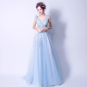 Snygga Fina Himmelsblå Aftonklänningar 2017 Prinsessa Spets V Hals Handgjort Appliqués Halterneck Beading Broderade Afton Formella Klänningar