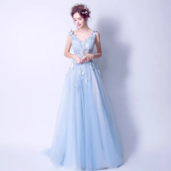Chic / Beautiful Sky Blue Evening Dresses  2017 A-Line / Princess Lace V-Neck Handmade  Appliques Backless Beading Embroidered Evening Party Formal Dresses