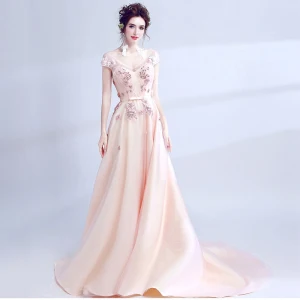 Chic Belle Rougissant Rose Robe De Soirée 2017 Princesse V Cou Dentelle Manches Courtes Appliques Dos Nu Perlage Fait Main Soirée Robe De Ceremonie