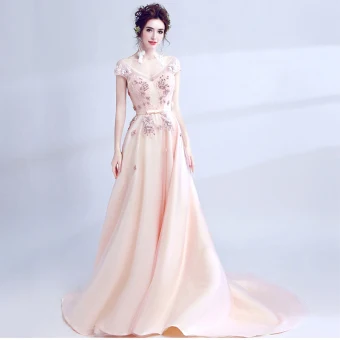Chic Beautiful Blushing Pink Evening Dresses 2017 A Line Princess V Neck Lace Short Sleeve Appliques Backless Beading Handmade Evening Party Formal Dresses