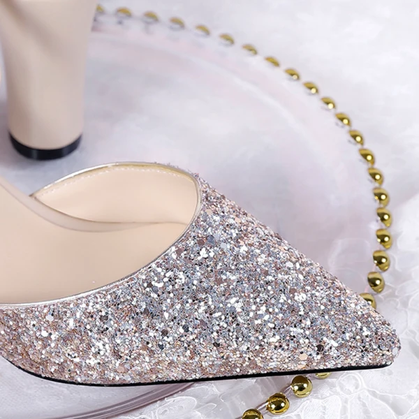 Mooie / Prachtige Goud Huwelijk Bruidsschoenen 2020 Glans Pailletten Polyester 7 cm Feest Avond Spitse Neus Damesschoenen