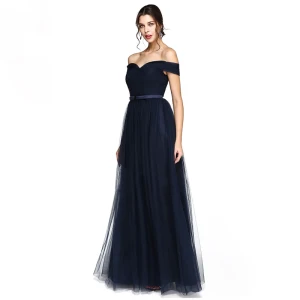 Simple Bleu Marine Robe De Soirée 2020 Princesse Tulle De L 039 Épaule Longue Sans Manches Gonflée Cocktail Soirée Robe De Ceremonie