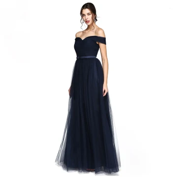 Simple Bleu Marine Robe De Soirée 2020 Princesse Tulle De L 039 Épaule Longue Sans Manches Gonflée Cocktail Soirée Robe De Ceremonie