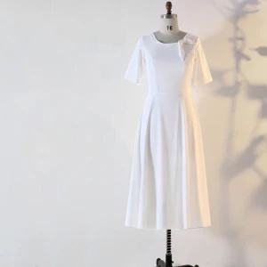 Modest Simple White Plus Size Evening Dresses 2020 A Line Princess 1 2 Sleeves U Neck Handmade Solid Color Tea Length Evening Party Summer Formal Dresses