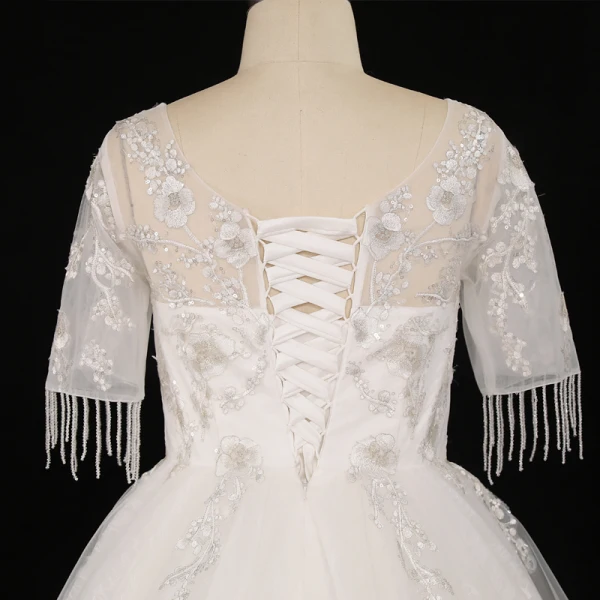 Luxury / Gorgeous Ivory Plus Size Ball Gown Wedding Dresses 2021 Crossed Straps 1/2 Sleeves V-Neck Tulle Satin Lace Handmade Beading Backless Appliques Tassel Cathedral Train Wedding