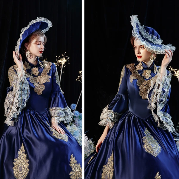 Vintage / Retro Medieval Navy Blue Prom Dresses 2021 A-Line / Princess High Neck Zipper Up Long Sleeve Floor-Length / Long 3D Lace Backless Prom Formal Dresses